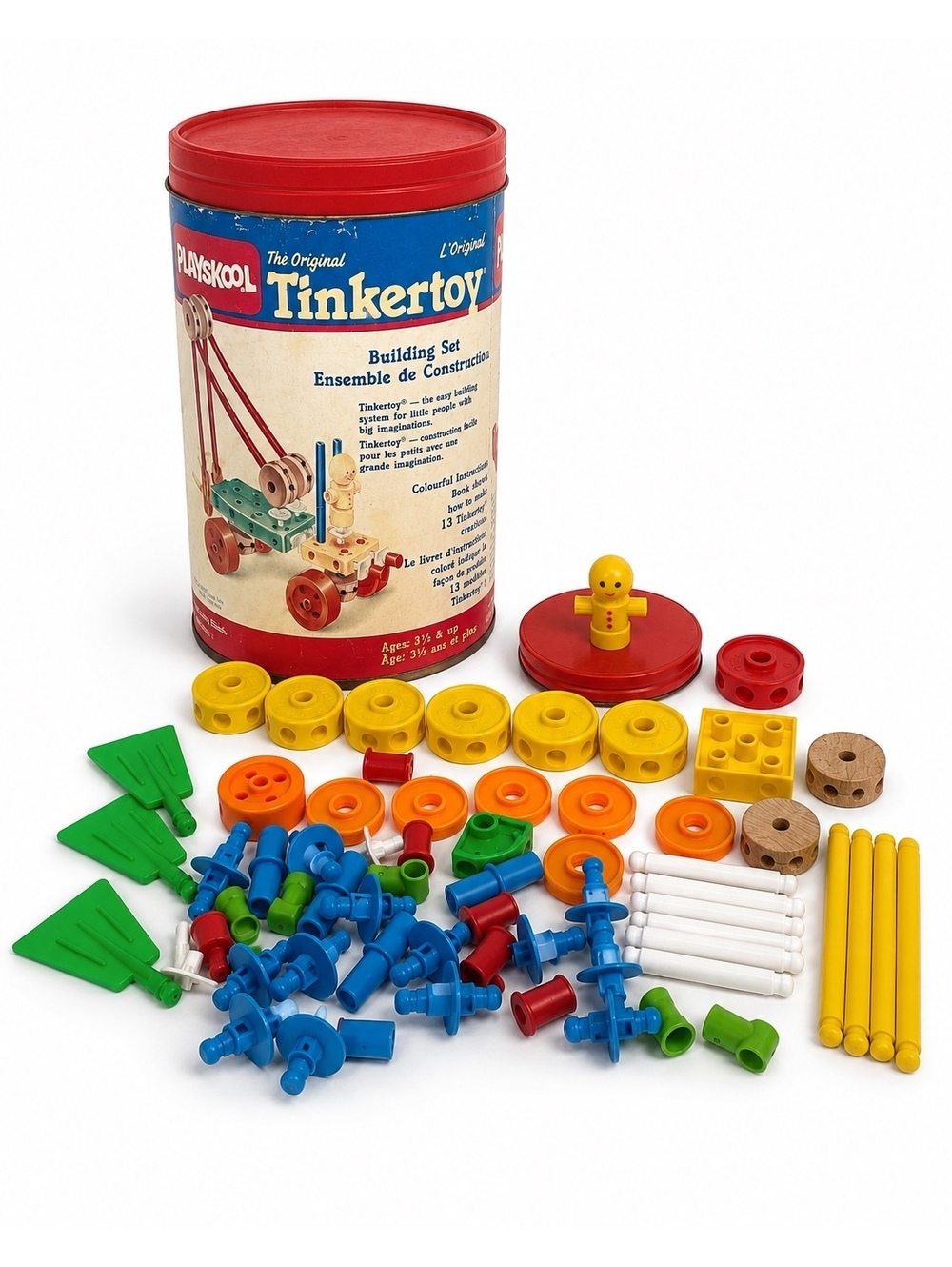 Vintage 1986 Playskool Tinkertoy Beginner Set #840 Tin Complete As Shown